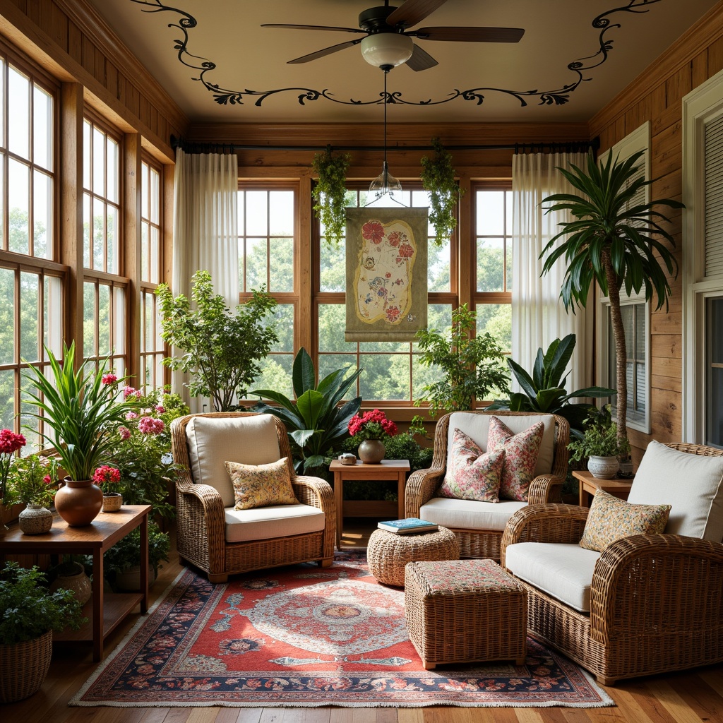 Prompt: Vibrant sunroom, eclectic decor, patterned rugs, colorful throw pillows, natural textiles, wicker furniture, rattan chairs, lush greenery, blooming flowers, vintage window frames, distressed wooden shutters, soft billowy curtains, sheer linen drapes, ornate metal rods, whimsical valances, warm golden lighting, cozy reading nooks, plush oversized armchairs, eclectic artwork, global-inspired accessories, bohemian chic atmosphere.