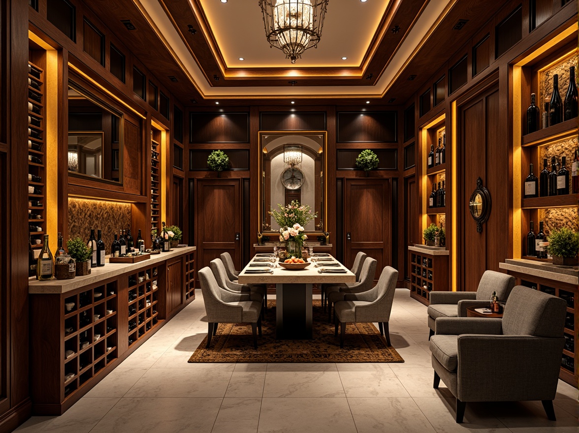 Prompt: Luxurious wine cellar, Art Deco style, rich wood paneling, ornate metalwork, textured walls, geometric patterns, golden accents, dim warm lighting, lavish furnishings, velvet drapes, polished marble floors, intricate moldings, luxurious fabrics, ornamental mirrors, statement chandeliers, ambient shadows, 1/2 composition, soft focus, realistic reflections.