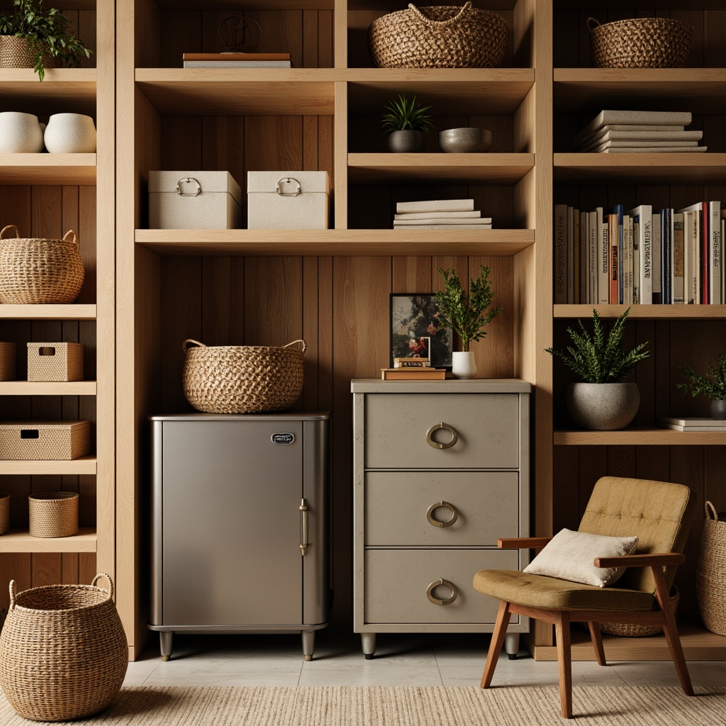 Prompt: Mid-century modern storage room, wooden shelves, minimalist decor, vintage metal cabinets, retro-style storage bins, woven wicker baskets, natural linen fabrics, earthy color palette, warm ambient lighting, shallow depth of field, 1/1 composition, realistic textures, soft focus, subtle shadows.