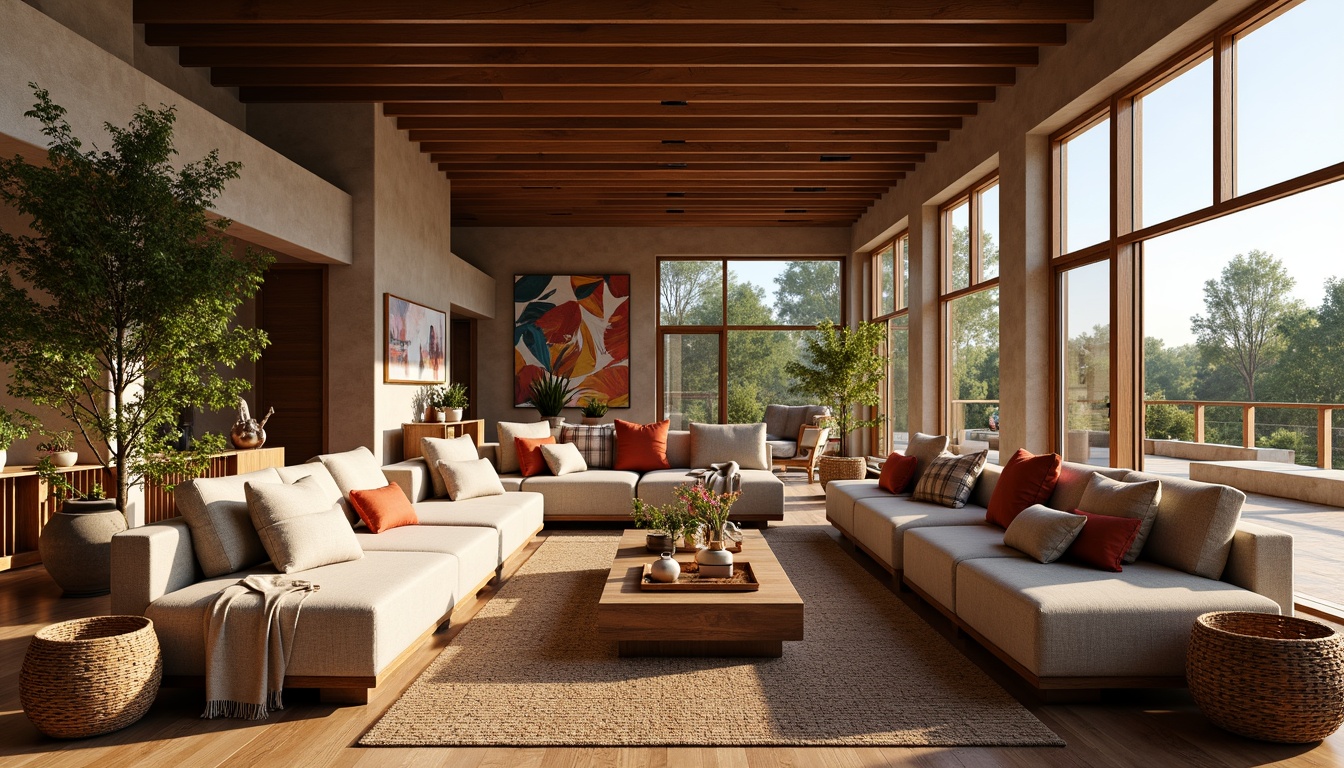 Prompt: Cozy living room, plush throw blankets, soft velvet sofas, woven baskets, natural fiber rugs, warm earthy tones, rich wood accents, floor-to-ceiling windows, abundant sunlight, gentle breeze, comfortable seating areas, statement walls, abstract artwork, geometric patterns, vibrant colorful pillows, luxurious fabrics, intricate embroidery, ambient lighting, 1/1 composition, shallow depth of field, realistic textures.