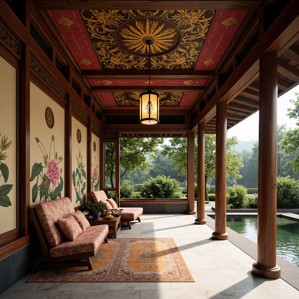 Prompt: Elegant pavilion, intricately carved wooden panels, vibrant silk fabrics, golden accents, traditional Asian motifs, natural stone floors, hand-painted murals, delicate lanterns, lush greenery, serene water features, subtle lighting, shallow depth of field, 1/1 composition, realistic textures, ambient occlusion.