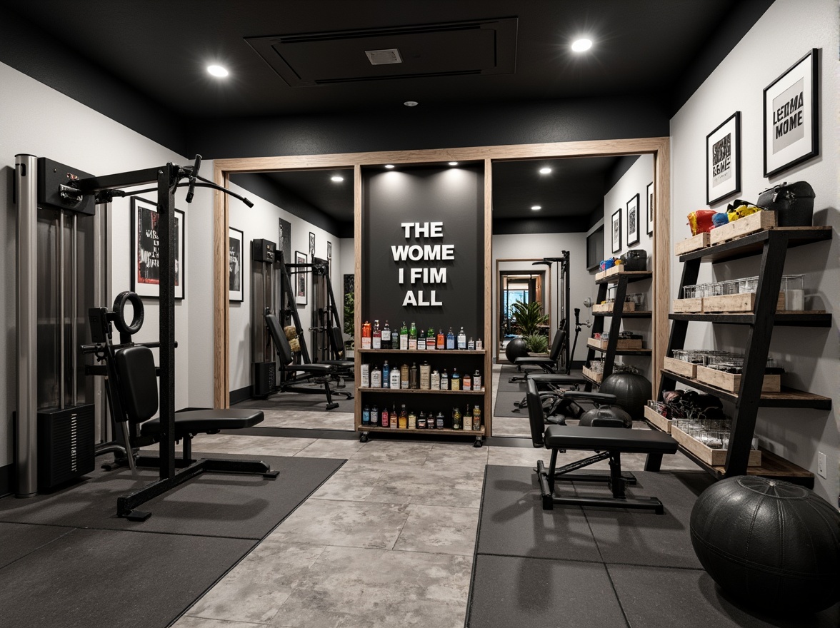 Prompt: Modern home gym, sleek metal equipment, mirrored walls, rubber flooring, motivational quotes, adjustable lighting, organized storage systems, compact shelving units, labeled baskets, transparent containers, athletic wear storage, supplement organizers, fitness tracker displays, water bottle holders, towel racks, inspirational artwork, neutral color scheme, high-gloss finish, 3/4 composition, realistic textures, ambient occlusion.