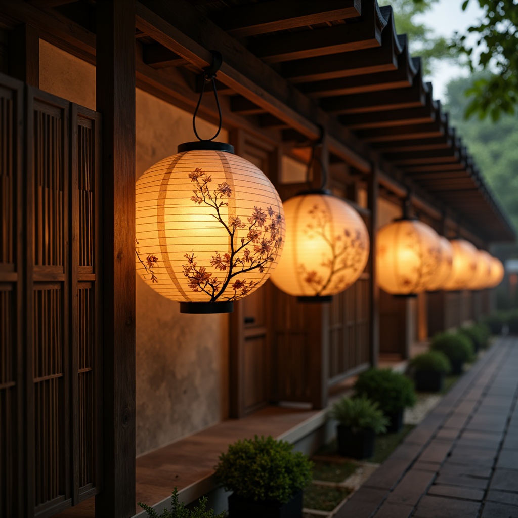 Prompt: Traditional Japanese lanterns, warm soft lighting, paper shade materials, natural wood accents, subtle golden tones, delicate cherry blossom patterns, intricately carved wooden panels, minimalist design, low-key ambient illumination, subtle shadows, serene atmosphere, natural textiles, woven bamboo elements, rustic stone walls, lush greenery surroundings, gentle misty effects, cinematic composition, shallow depth of field.