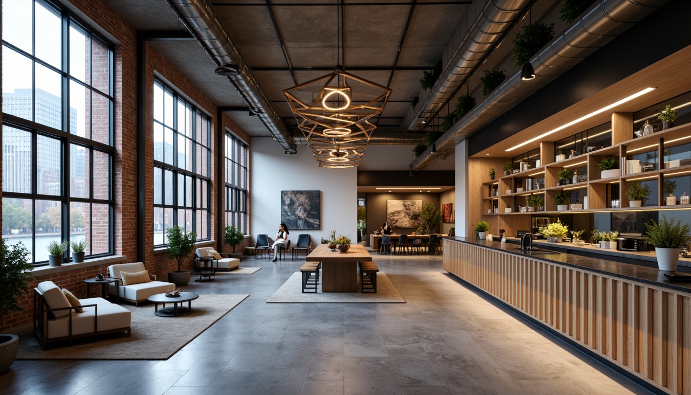 Prompt: Urban loft apartment, industrial chic decor, exposed brick walls, polished concrete floors, minimalist aesthetic, floor-to-ceiling glass windows, sleek metal beams, modern glass accents, transparent shelves, geometric chandeliers, warm ambient lighting, soft focus blur, 1/1 composition, realistic reflections, subtle color grading.