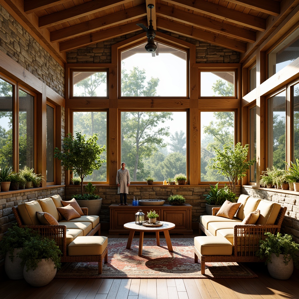 Prompt: Cozy sunroom, craftsman style decor, large windows, natural light pouring in, warm wooden beams, rustic stone walls, earthy color palette, comfortable wicker furniture, lush greenery, potted plants, soft cushions, warm textiles, vintage metal lanterns, traditional craftsmanship, ornate trims, stained glass details, inviting atmosphere, morning sunlight, gentle shadows, shallow depth of field, 1/1 composition, realistic textures, ambient occlusion.