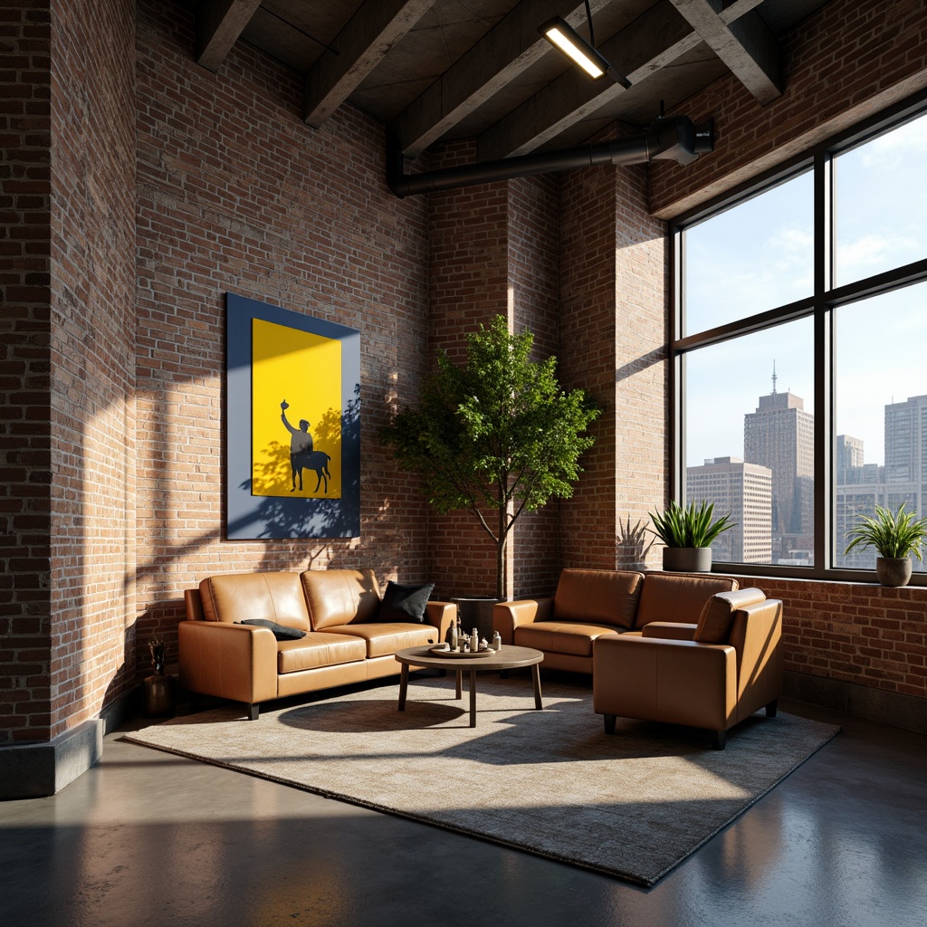 Prompt: Industrial chic loft, exposed brick walls, metal beams, reclaimed wood accents, urban skyline views, modern minimalist decor, neutral color scheme, warm beige tones, rich charcoal grays, deep blues, pops of bright yellow, industrial-style lighting fixtures, concrete floors, distressed leather sofas, abstract artwork, cityscape photography, dramatic shadows, high contrast ratio, 1/1 composition, moody atmospheric lighting.