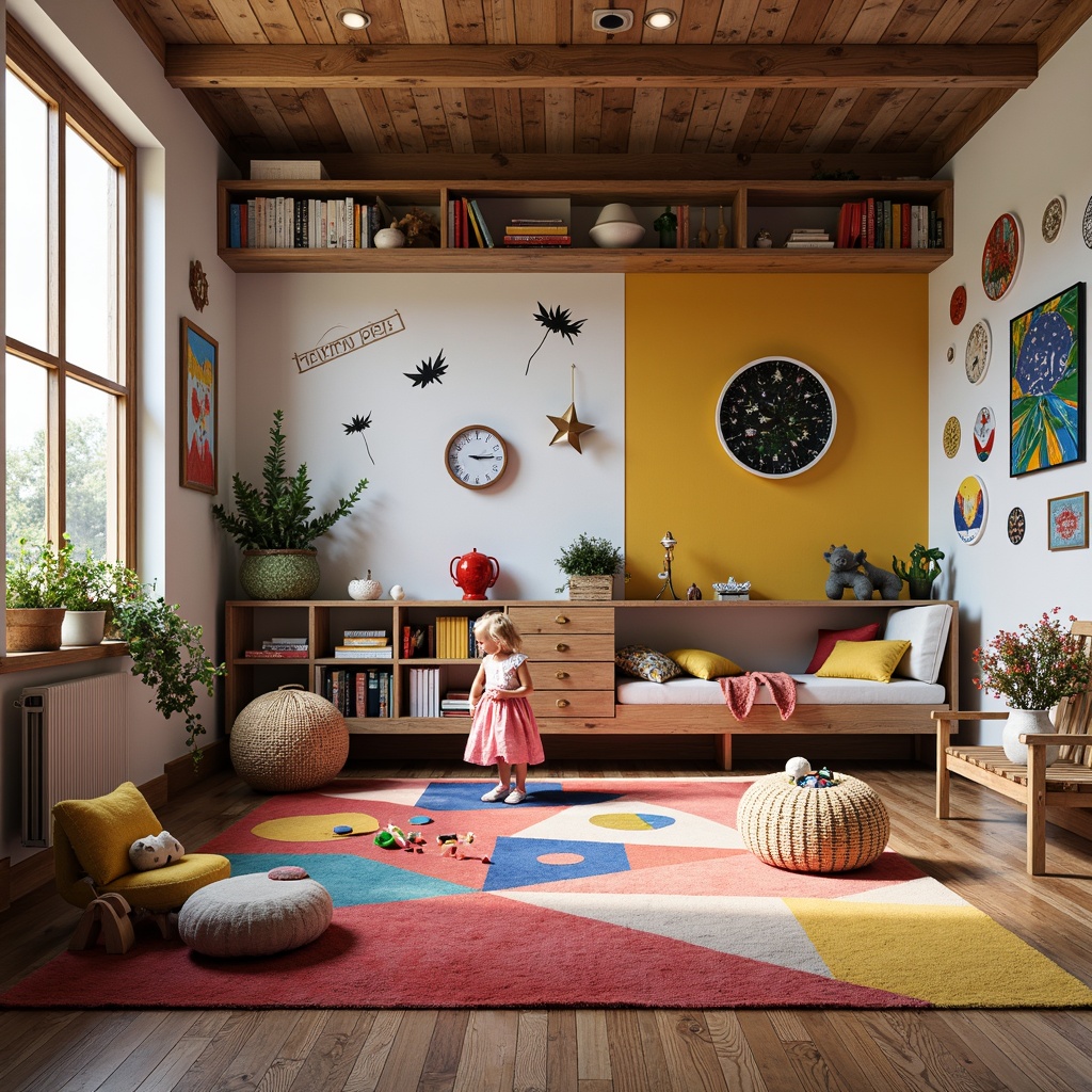 Prompt: Vibrant kids' room, playful atmosphere, postmodern design, bold color scheme, geometric patterns, eclectic mix of textures, wooden flooring, distressed finishes, bold area rugs, plush carpets, whimsical wall decals, fun lighting fixtures, modern furniture pieces, abstract art installations, cozy reading nooks, soft ambient lighting, shallow depth of field, 1/1 composition, realistic renderings, subtle shadowing.