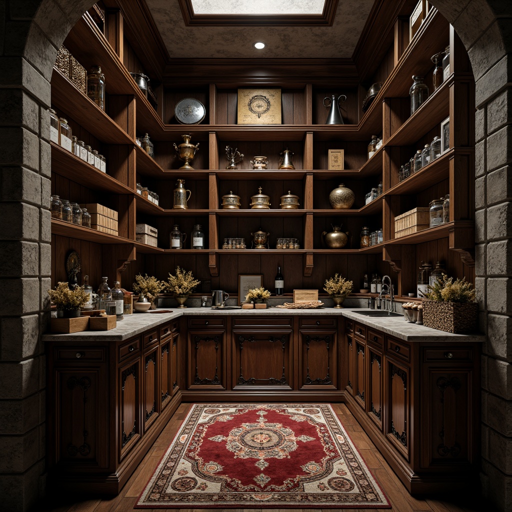 Prompt: Dark gothic pantry, ornate wooden shelves, distressed finishes, mysterious ambiance, dim warm lighting, eerie shadows, medieval-inspired cabinetry, intricate carvings, grand archways, rich wood tones, luxurious velvet textiles, ornamental metalwork, mystical symbols, apothecary jars, vintage kitchenware, rustic stone walls, dramatic ceiling height, 1-point perspective composition, moody color palette, cinematic lighting.