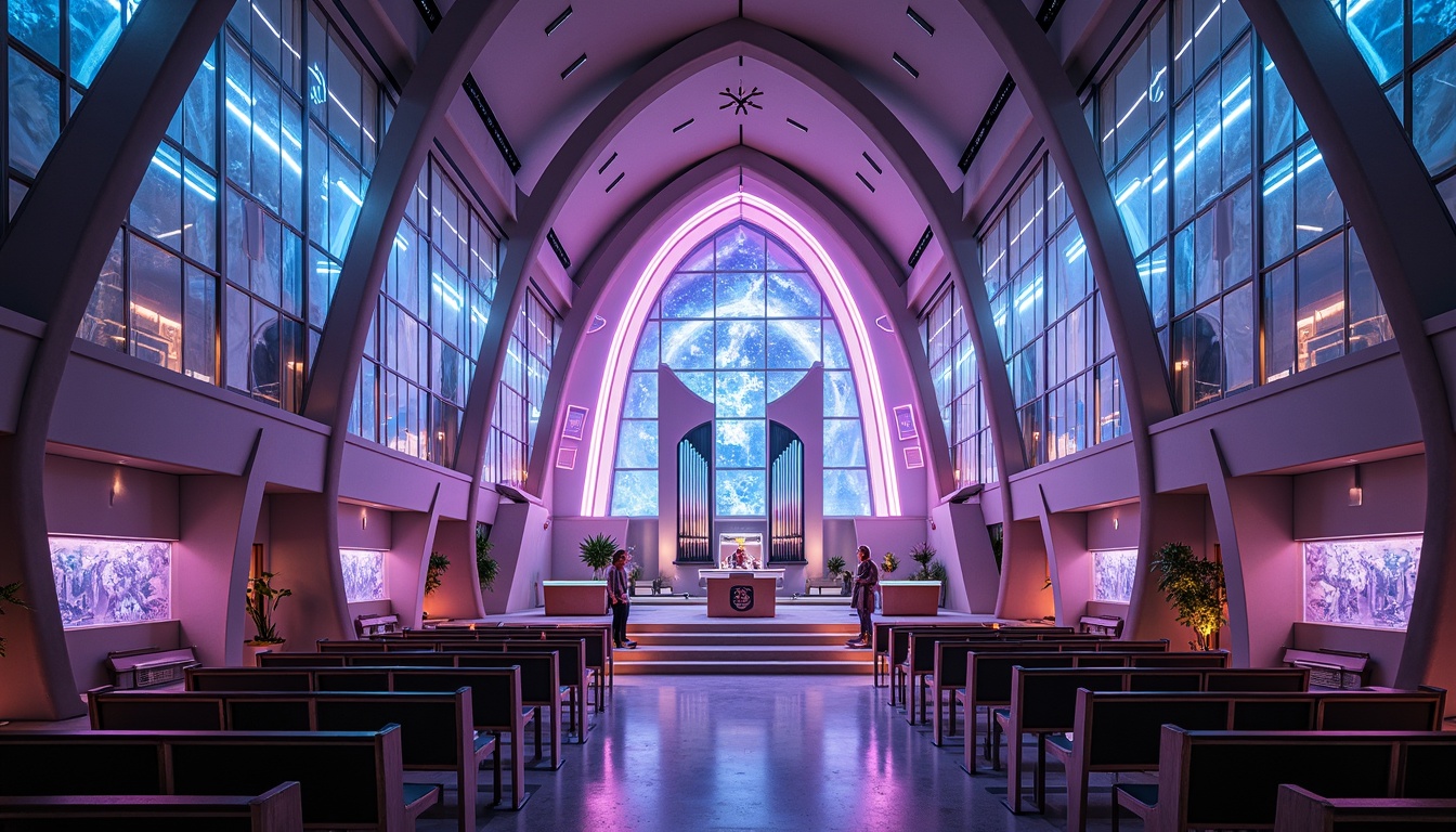 Prompt: Futuristic church interior, iridescent stained glass windows, holographic altarpieces, neon-lit nave, glowing archways, sweeping curves, angular lines, reflective metallic surfaces, minimalist pews, levitating candles, ambient LED lighting, ethereal fog effects, shallow depth of field, 1/1 composition, symmetrical framing, futuristic pipe organ, gleaming chrome accents, luminescent crosses, cosmic-inspired mosaics, starry night sky projections.