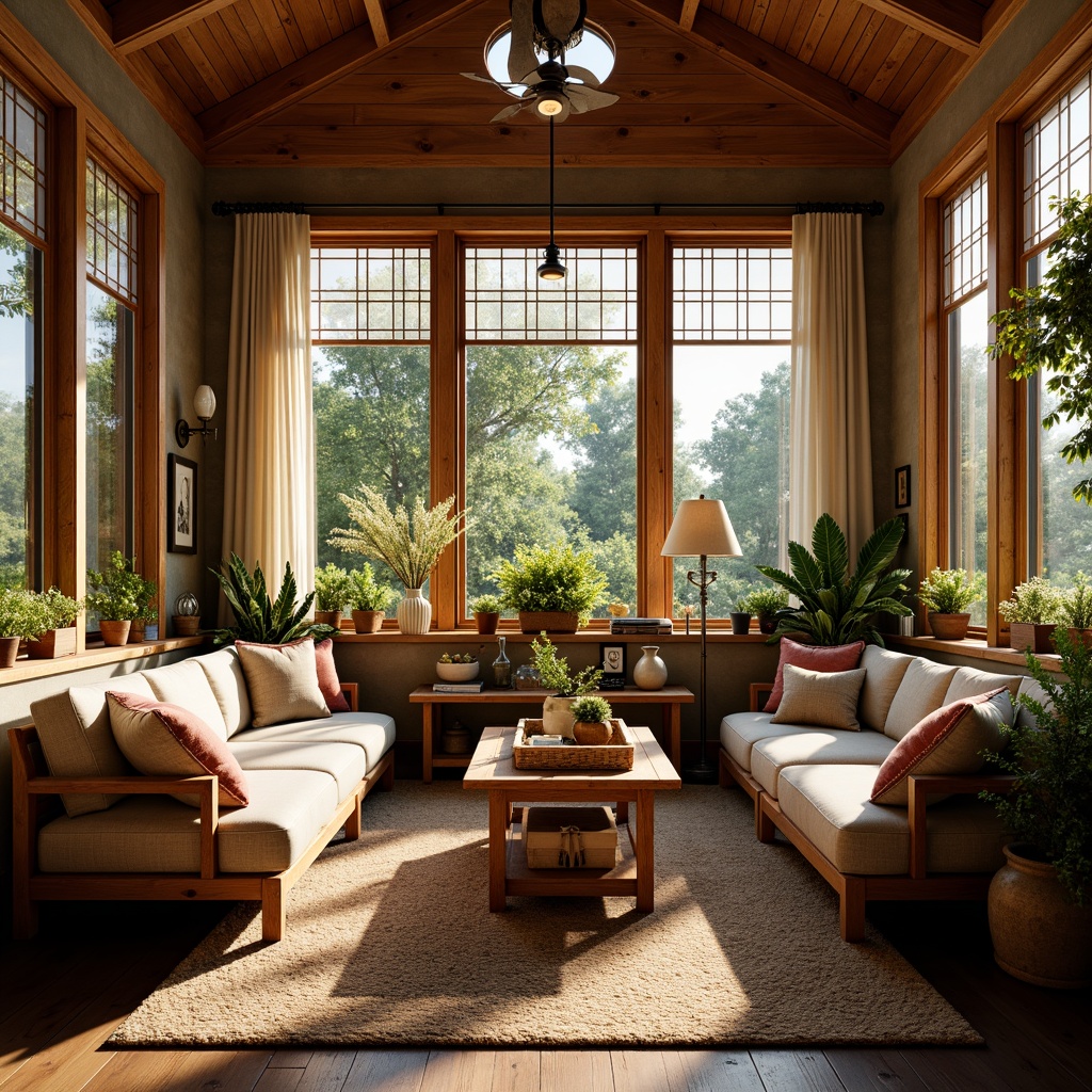 Prompt: Cozy sunroom, wooden accents, rustic wood beams, natural stone walls, earthy color palette, warm ambient lighting, plush furniture, woven textiles, vintage decorative items, botanical prints, potted greenery, distressed wood finishes, Craftsman-style trims, stained glass windows, soft sheer curtains, warm morning light, shallow depth of field, 1/1 composition, realistic textures, subtle shadows.Please let me know if this meets your expectations!