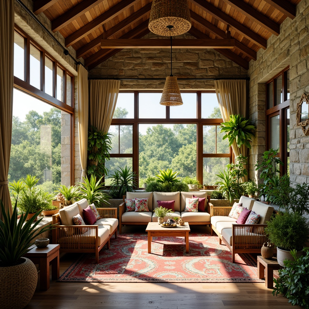 Prompt: Vibrant eclectic sunroom, lush greenery, natural stone walls, wooden accents, woven wicker furniture, colorful patterned textiles, macrame plant holders, rattan window treatments, flowing curtains, sheer drapes, layered fabrics, warm sunny day, soft diffused lighting, shallow depth of field, 1/1 composition, panoramic view, realistic textures, ambient occlusion.