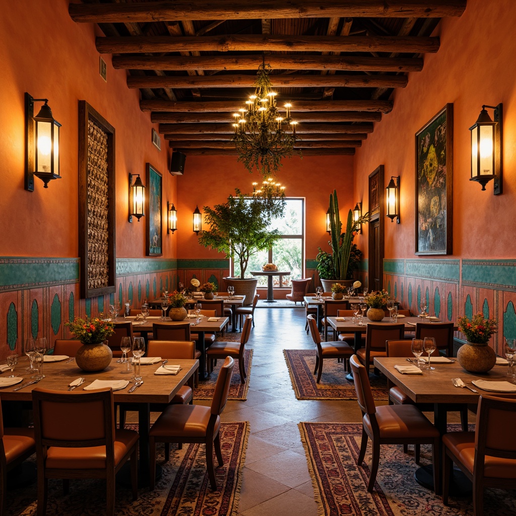 Prompt: Southwestern-style dining hall, warm terracotta walls, rustic wooden beams, vibrant turquoise accents, traditional Native American patterns, woven textiles, pendant lanterns, wrought iron chandeliers, earthy pottery vases, reclaimed wood tables, comfortable leather chairs, natural fiber rugs, warm candlelight, soft diffused lighting, ambient shadows, cozy atmosphere, intimate seating areas, lush greenery, desert-inspired centerpieces.