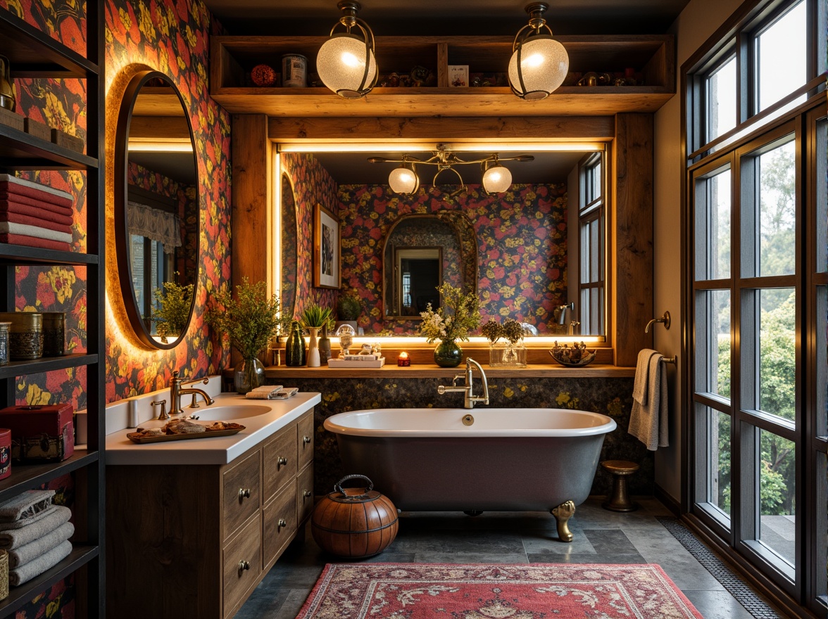 Prompt: Vibrant eclectic bathroom, vintage fixtures, industrial metal accents, reclaimed wood shelves, bold color palette, statement wallpaper, ornate mirrors, layered lighting, warm ambient glow, soft LED strips, spotlights on decorative pieces, frosted glass pendant lights, natural light pouring in through large windows, sheer curtains, subtle shadows, 3/4 composition, shallow depth of field, realistic textures.