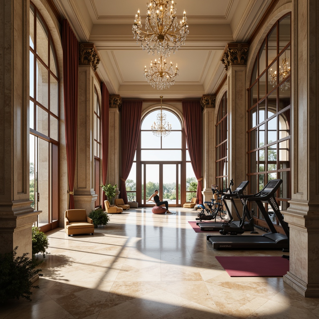 Prompt: Elegant home gym, neoclassical architecture, grand entrance, ornate columns, high ceilings, marble floors, crystal chandeliers, luxurious furnishings, rich wood accents, mirrored walls, state-of-the-art equipment, free weights, treadmills, exercise bikes, yoga mats, meditation areas, natural light pouring in, large windows, French doors, soft warm lighting, subtle shadows, 1/2 composition, symmetrical framing, realistic textures, ambient occlusion.