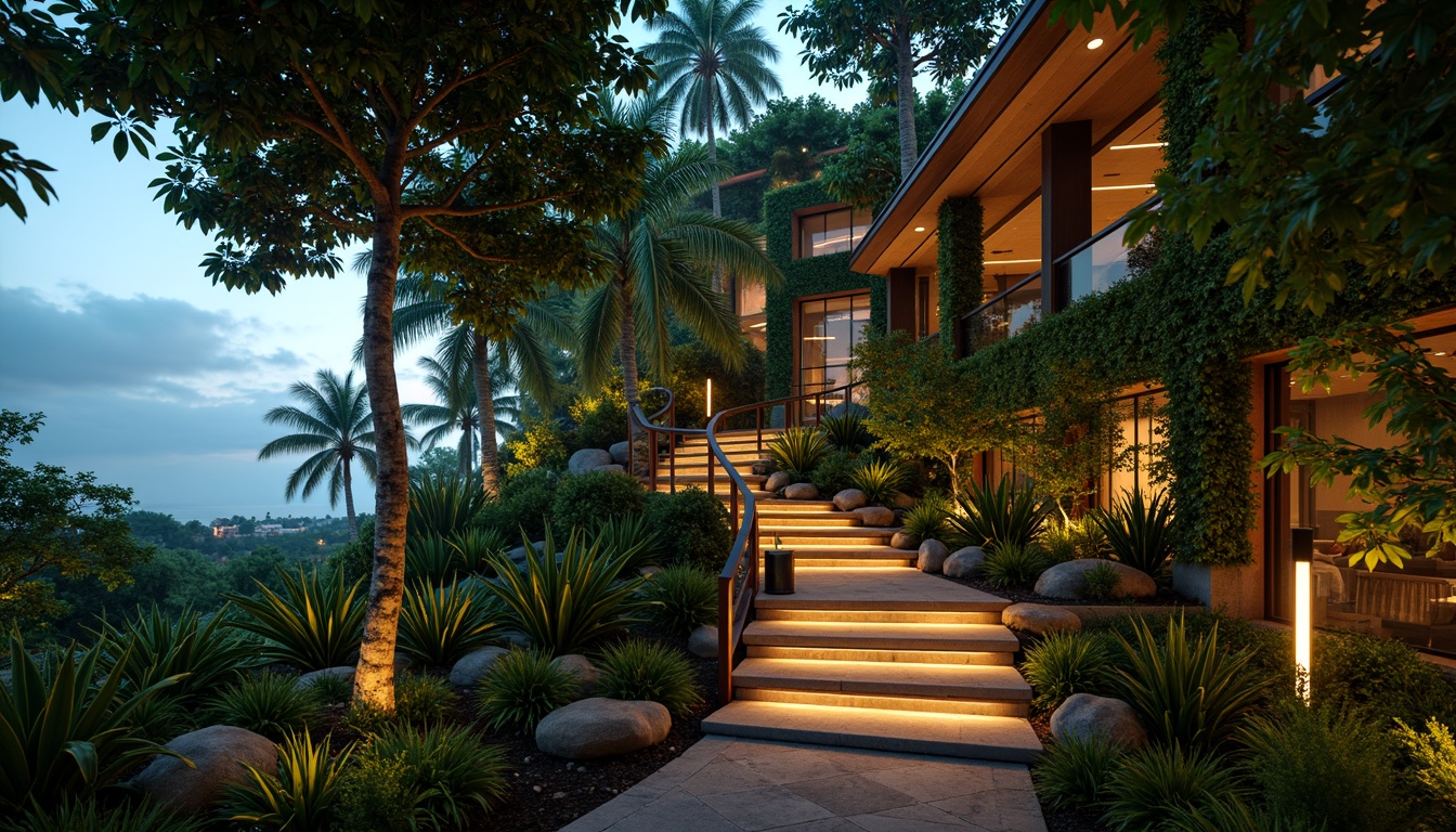 Prompt: Tropical staircase, lush green walls, exotic plants, warm wood accents, natural stone steps, iron railings, soft warm lighting, ambient glow, LED strip lights, hidden light sources, subtle shadows, atmospheric mist, gentle breeze, palm tree silhouettes, ocean views, 1/2 composition, shallow depth of field, realistic textures, cinematic ambiance.