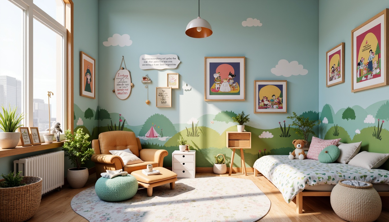 Prompt: Whimsical kid's room, vibrant color palette, cartoon characters, playful typography, framed illustrations, 3D paper cutouts, textured fabrics, soft pastel hues, gentle lighting, shallow depth of field, 1/1 composition, fantasy creatures, magical landscapes, adventurous scenes, inspirational quotes, educational elements, fun patterns, youthful energy, lively atmosphere, creative freedom.