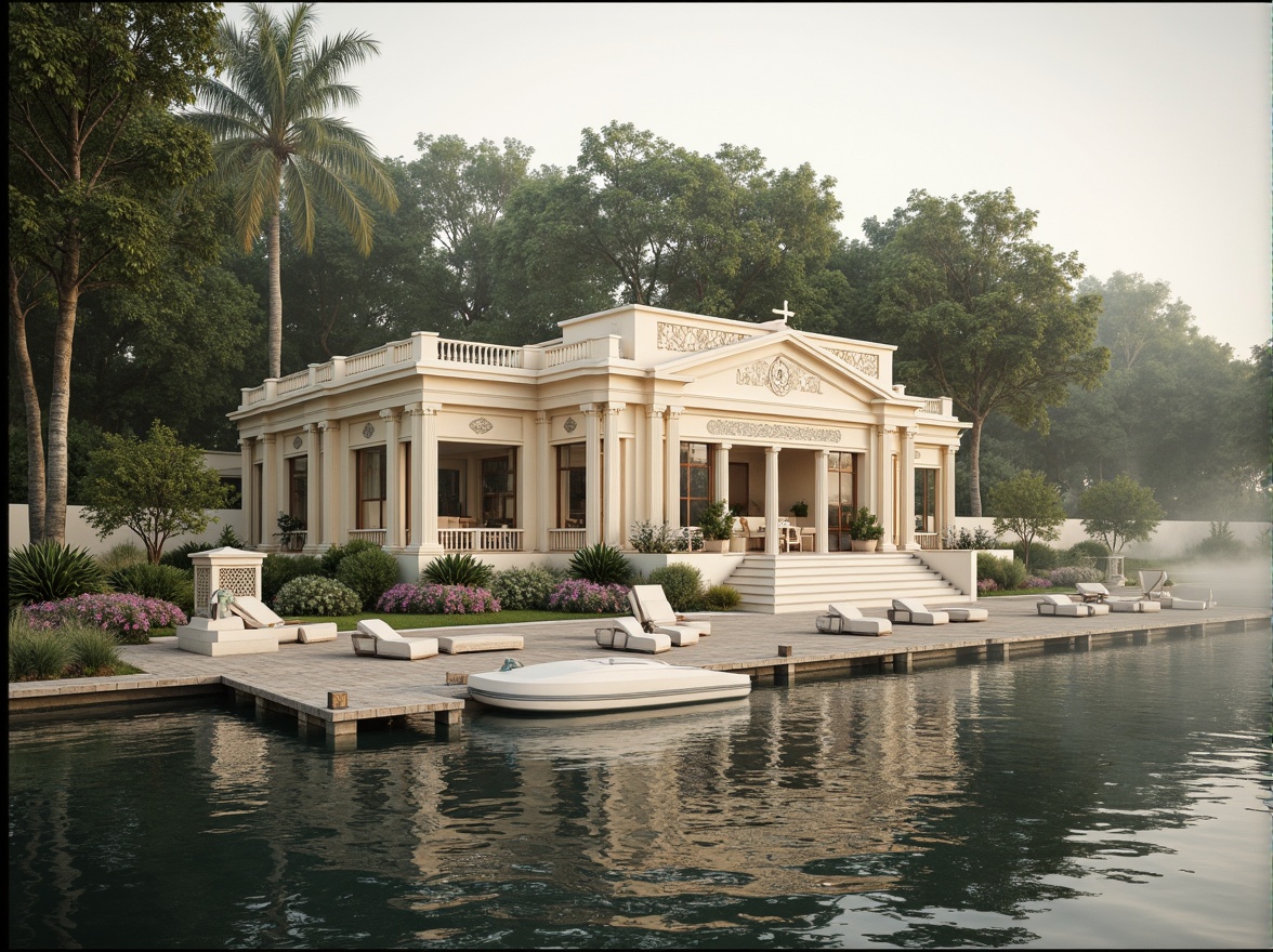 Prompt: Elegant boathouse, neoclassical facade, ornate moldings, decorative cornices, grandiose entrance, wooden dock, tranquil lake views, lush greenery, water reflections, soft morning light, warm beige tones, creamy white accents, rich wood textures, polished metal fixtures, symmetrical composition, 1/2 format, shallow depth of field, realistic rendering, atmospheric mist.