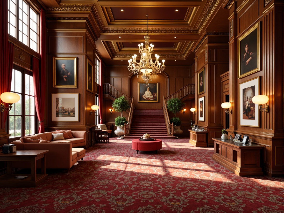 Prompt: Richly patterned carpet flooring, luxurious wood paneling, ornate moldings, gilded accents, lavish chandeliers, warm ambient lighting, deep red velvet drapes, golden metallic walls, intricate ceiling details, classic oil paintings, antique furnishings, plush upholstery, natural stone columns, marble countertops, high-gloss finishes, dramatic archways, grand staircase, opulent textures, warm color palette, 1/2 composition, soft focus, atmospheric perspective.