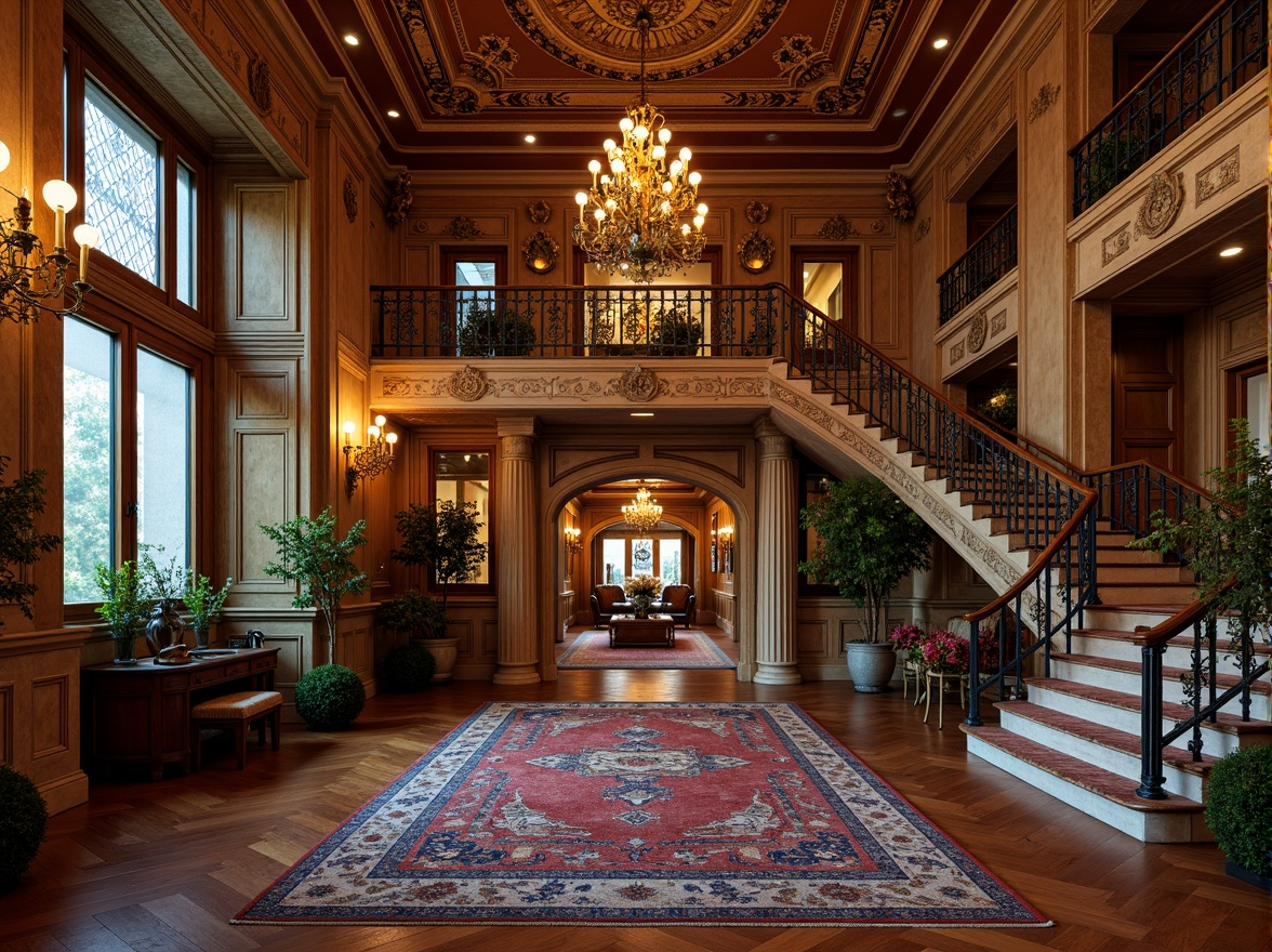 Prompt: Intricate Victorian-style mansion, ornate facade, delicate stone carvings, grand entrance, sweeping staircases, lavish chandeliers, ornamental metalwork, patterned rugs, rich wood paneling, decorative ceiling molding, luxurious fabrics, vibrant colors, warm golden lighting, shallow depth of field, 1/1 composition, realistic textures, ambient occlusion.