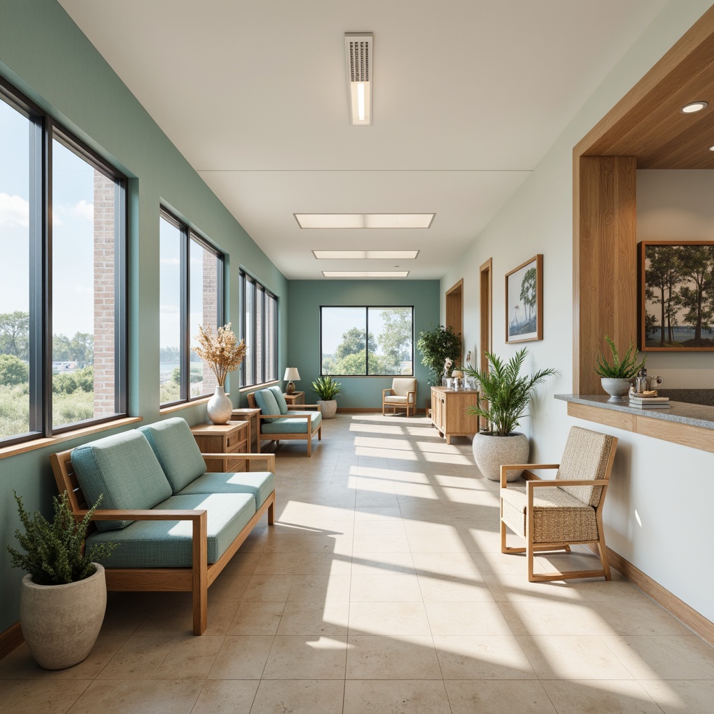 Prompt: Soothing hospital corridors, calming coastal color palette, soft blues, whites, and sandy neutrals, natural wood accents, woven textiles, organic patterns, driftwood decorative elements, ocean-inspired artwork, serene waiting areas, comfortable patient rooms, gentle lighting, warm beige floors, sea-glass windows, subtle nautical details, minimalist furniture, peaceful atmosphere, shallow depth of field, 1/1 composition, realistic textures, ambient occlusion.