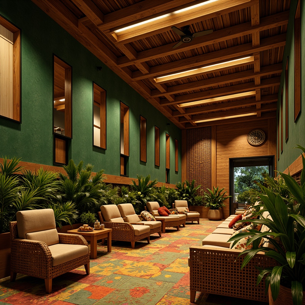 Prompt: Tropical cinema interior, lush green walls, exotic wood accents, comfortable seating arrangement, reclining chairs, soft cushioning, adjustable armrests, ample legroom, ergonomic design, warm golden lighting, subtle ceiling fans, natural ventilation, bamboo flooring, woven rattan furniture, vibrant colorful textiles, geometric patterns, optimal viewing angles, unobstructed sightlines, 1/2 composition, warm ambient glow, realistic materials.