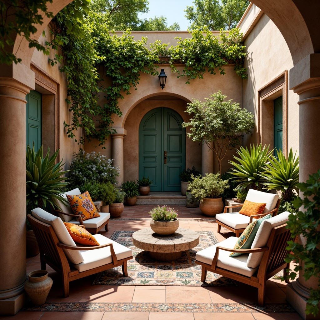 Prompt: Vibrant Mediterranean courtyard, lush greenery, ornate tiles, rustic stone walls, intricately patterned textiles, colorful woven baskets, natural linen fabrics, embroidered cushions, distressed wood furniture, warm terracotta flooring, soft golden lighting, shallow depth of field, 1/1 composition, realistic textures, ambient occlusion.