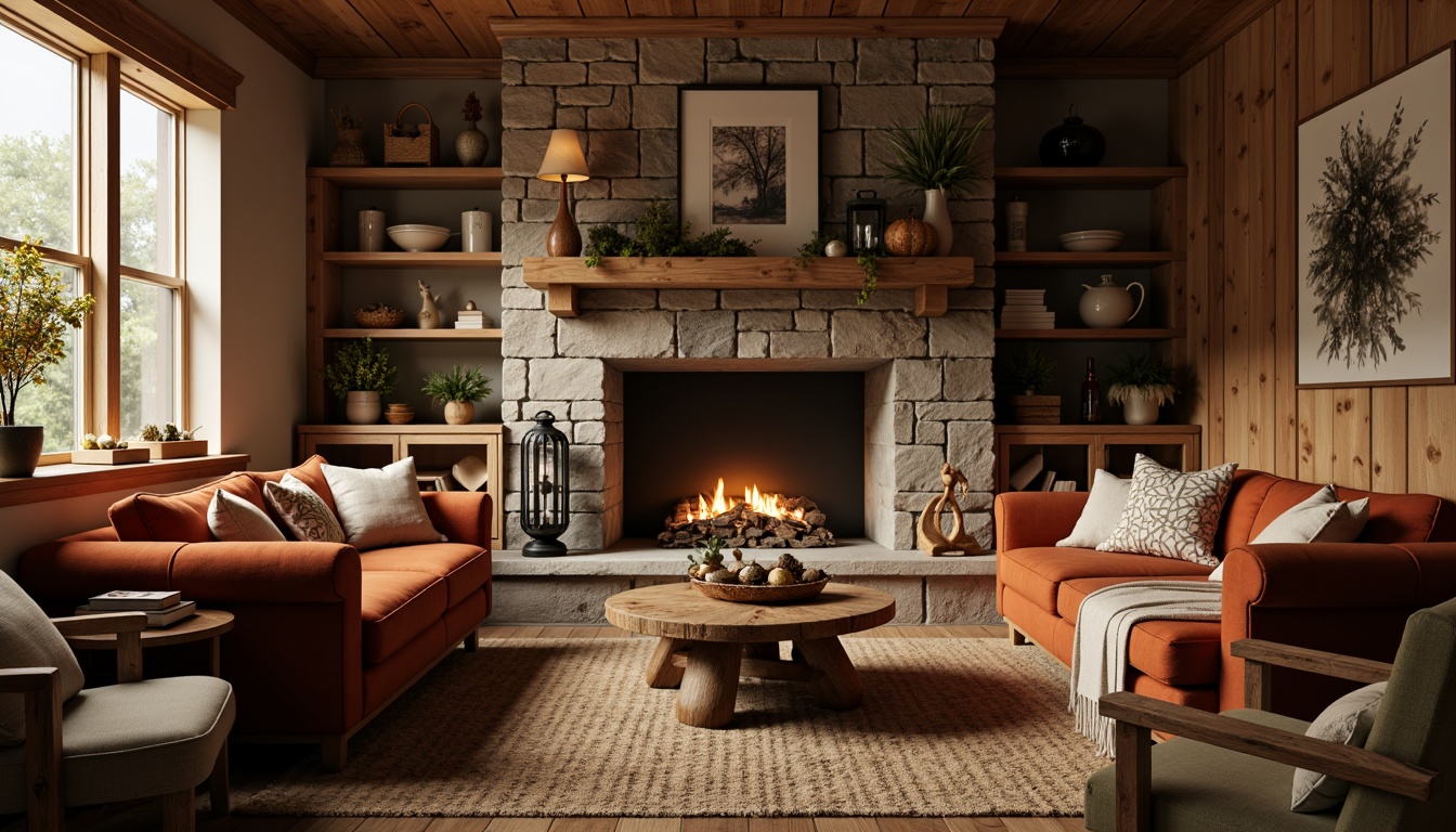 Prompt: Cozy family room, rustic wooden furniture, plush velvet sofas, distressed leather armchairs, vintage metal lanterns, natural stone fireplace, earthy color palette, woven jute rugs, reclaimed wood coffee tables, comfy throw blankets, pinecone decorations, autumnal foliage, warm golden lighting, soft focus blur, 1/2 composition, intimate atmosphere, realistic textures, ambient occlusion.