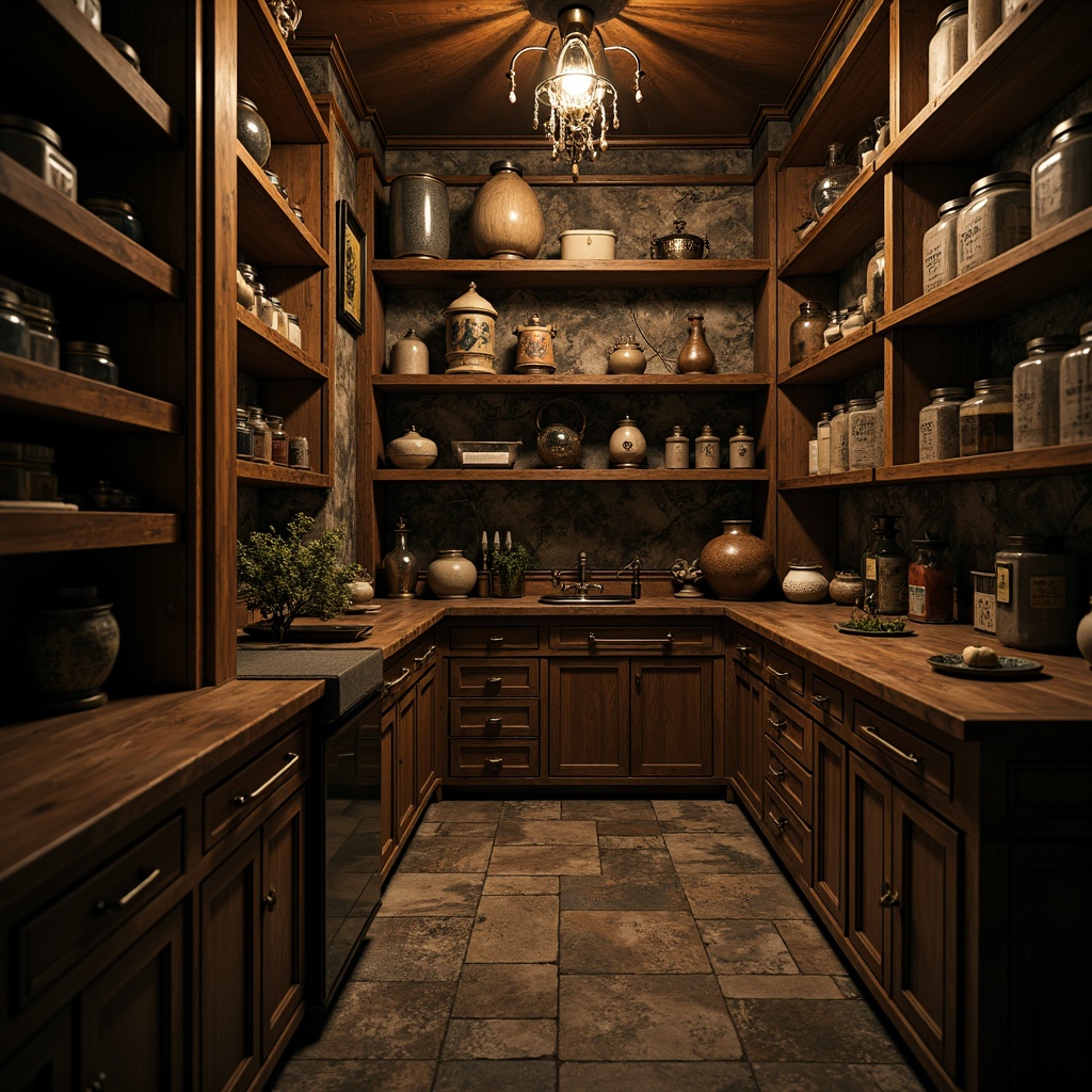 Prompt: Dark academia-inspired pantry, rich wooden cabinetry, ornate metal hardware, vintage-style lighting fixtures, mystical ancient artifacts, mysterious apothecary jars, dimly lit shelves, distressed stone walls, eerie ambient sounds, warm golden lighting, cinematic depth of field, 1/2 composition, narrow aperture, realistic textures, subtle fog effects.