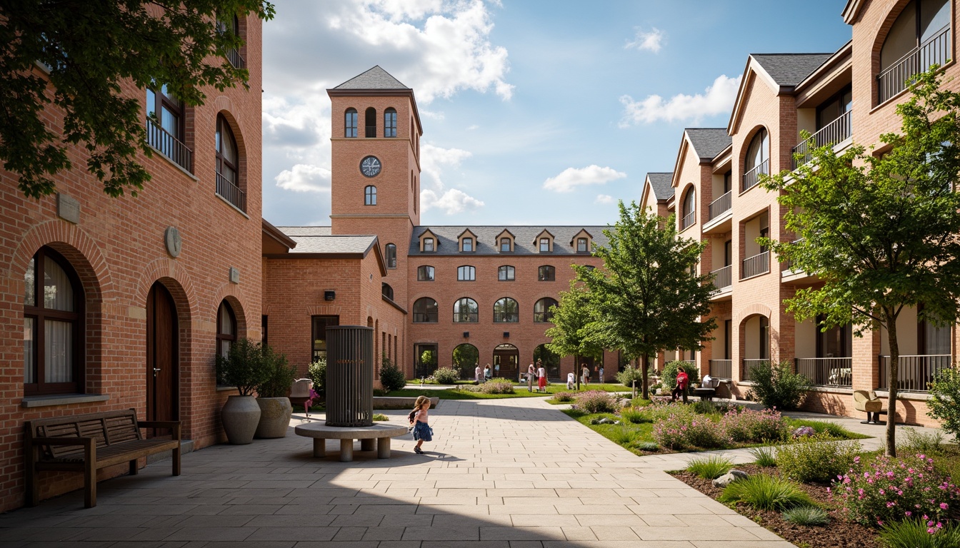 Prompt: Rustic brick buildings, classic clock towers, symmetrical facades, grand entrance archways, ornate wooden doors, traditional classroom layouts, chalkboard blackboards, wooden desks, comfortable reading nooks, natural stone flooring, warm beige walls, soft warm lighting, shallow depth of field, 3/4 composition, panoramic view, realistic textures, ambient occlusion, lush greenery, vibrant flowers, playground equipment, educational signs, mature trees, sunny day.