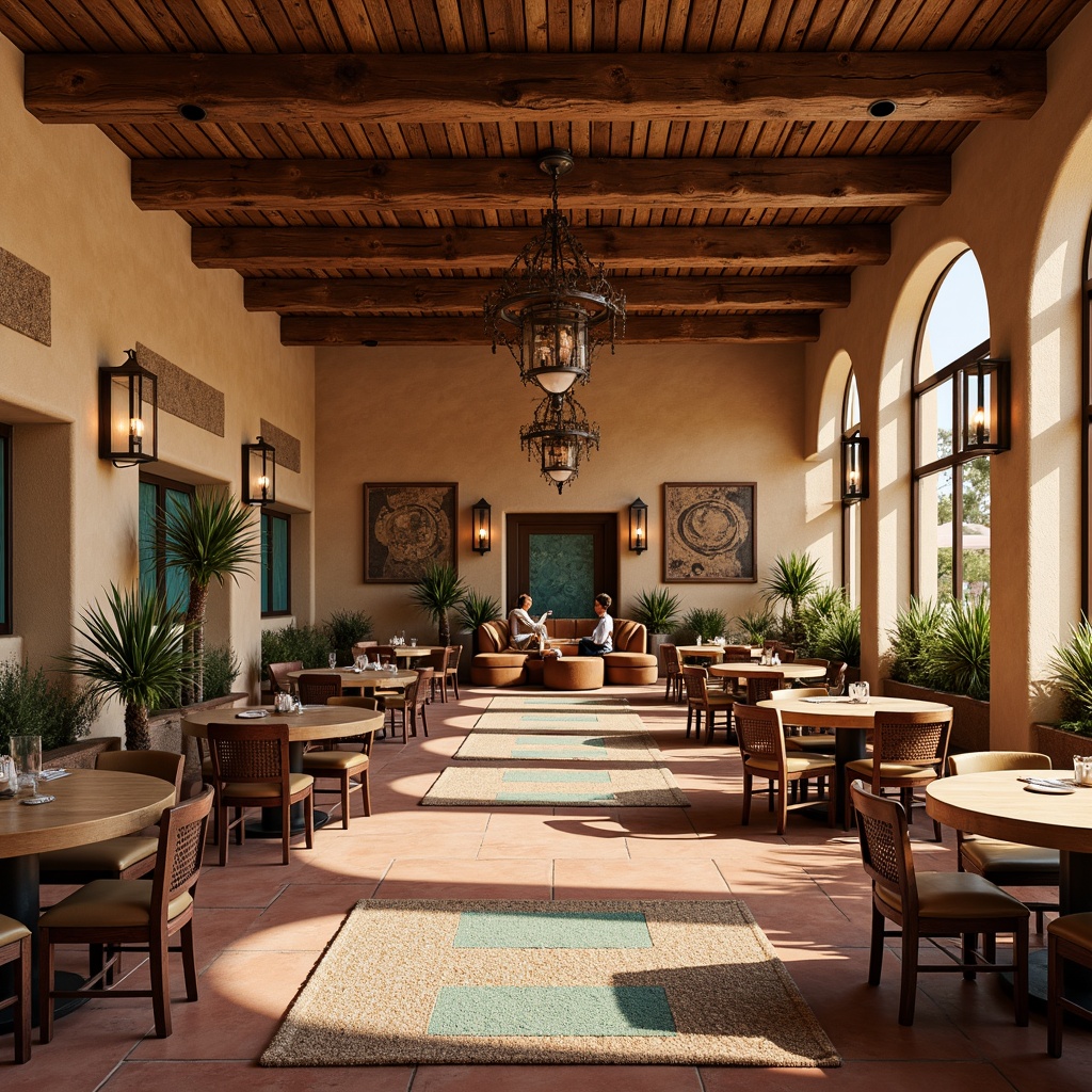 Prompt: Southwestern style dining hall, warm earthy tones, rustic wooden beams, adobe-inspired architecture, vibrant turquoise accents, woven textiles, natural fiber rugs, pendant lamps with wrought iron details, distressed metal chandeliers, candle-like lanterns, warm soft lighting, cozy ambiance, intimate seating areas, wooden tables, leather-upholstered chairs, traditional Native American patterns, geometric motifs, warm beige stone walls, earthy red clay floors, lush greenery, sunny day, shallow depth of field, 3/4 composition.