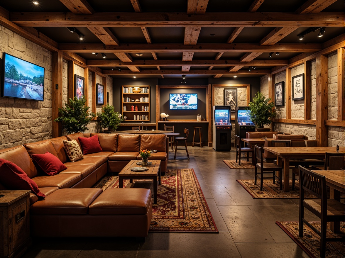 Prompt: Rustic game room, wooden accents, vintage decor, plush sectional sofas, distressed leather armchairs, reclaimed wood coffee tables, industrial metal lighting fixtures, stone walls, wooden crates, retro arcade machines, neon signs, cozy reading nooks, warm ambient lighting, shallow depth of field, 2/3 composition, soft focus, realistic textures.