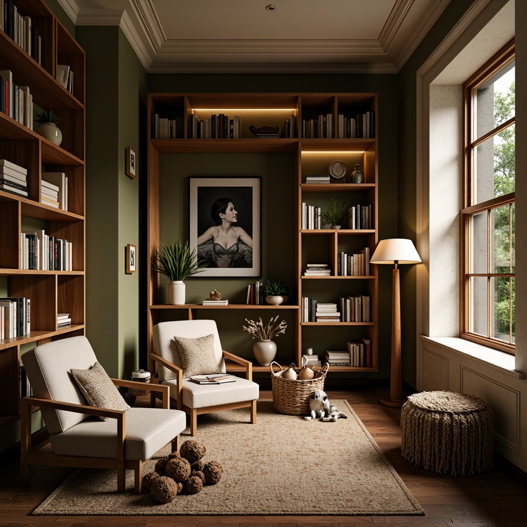 Prompt: Cozy reading nook, warm inviting atmosphere, soft cushioned chairs, wooden bookshelves, vintage lamps, earthy tone color palette, moss green walls, creamy white accents, rich walnut wood, plush throw blankets, natural textiles, comfortable seating areas, warm golden lighting, shallow depth of field, 1/2 composition, realistic rendering, ambient occlusion.