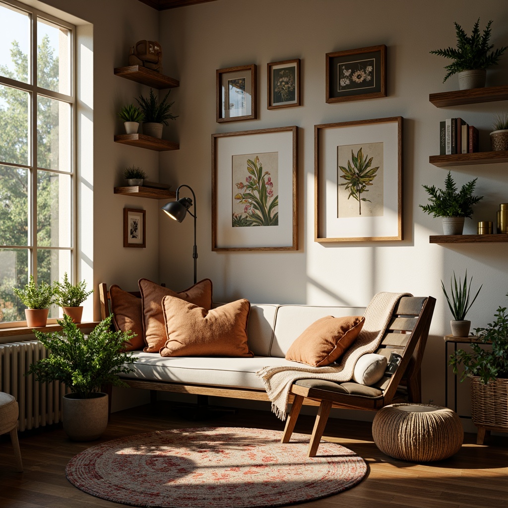 Prompt: Cozy nook, plush throw pillows, soft warm lighting, wooden accents, vintage decorative frames, distressed finishes, natural textiles, earthy color palette, comfortable reading chair, floor lamp, side table, woven baskets, potted plants, floral patterns, rustic metal decor, reclaimed wood shelves, ambient music, morning sunlight, 1/2 composition, shallow depth of field, realistic textures.