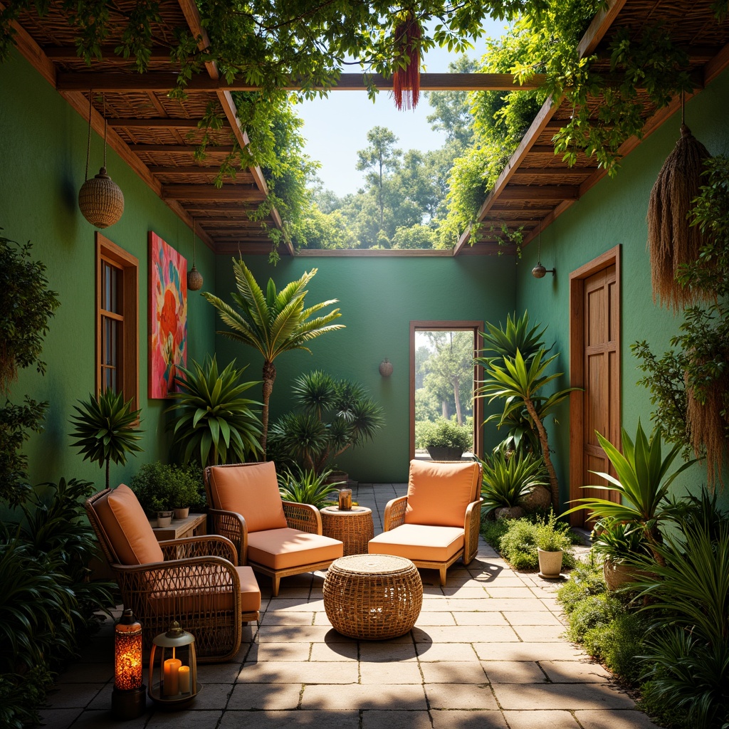 Prompt: Vibrant tropical ambiance, lush green walls, exotic plants, warm sunny lighting, soft pastel colors, natural wood accents, woven rattan furniture, colorful tiki torches, delicate lanterns, sparkling crystal chandeliers, subtle neon signs, atmospheric fog effects, cinematic spotlights, dramatic high-contrast shadows, 180-degree camera angles, wide-angle lenses, shallow depth of field, cinematic color grading, realistic renderings, ambient occlusion.Please let me know if this meets your requirements!