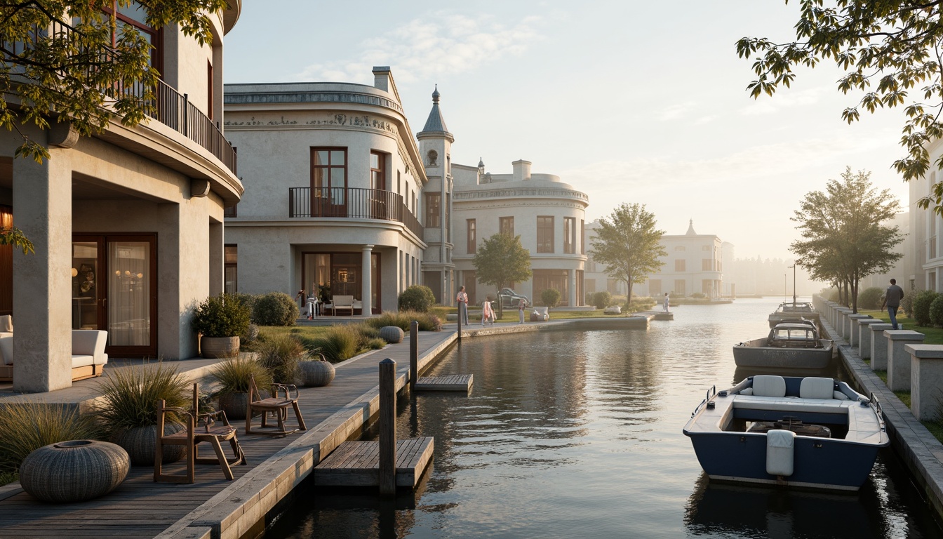 Prompt: Weathered wooden docks, rustic nautical ropes, vintage boating equipment, soft misty morning light, serene lake scenery, classic neoclassical architecture, creamy white stone facades, ornate bronze details, subtle warm beige tones, rich navy blue accents, distressed wood textures, natural linen fabrics, elegant curved lines, symmetrical composition, soft warm lighting, shallow depth of field, 1/2 composition, realistic water reflections.