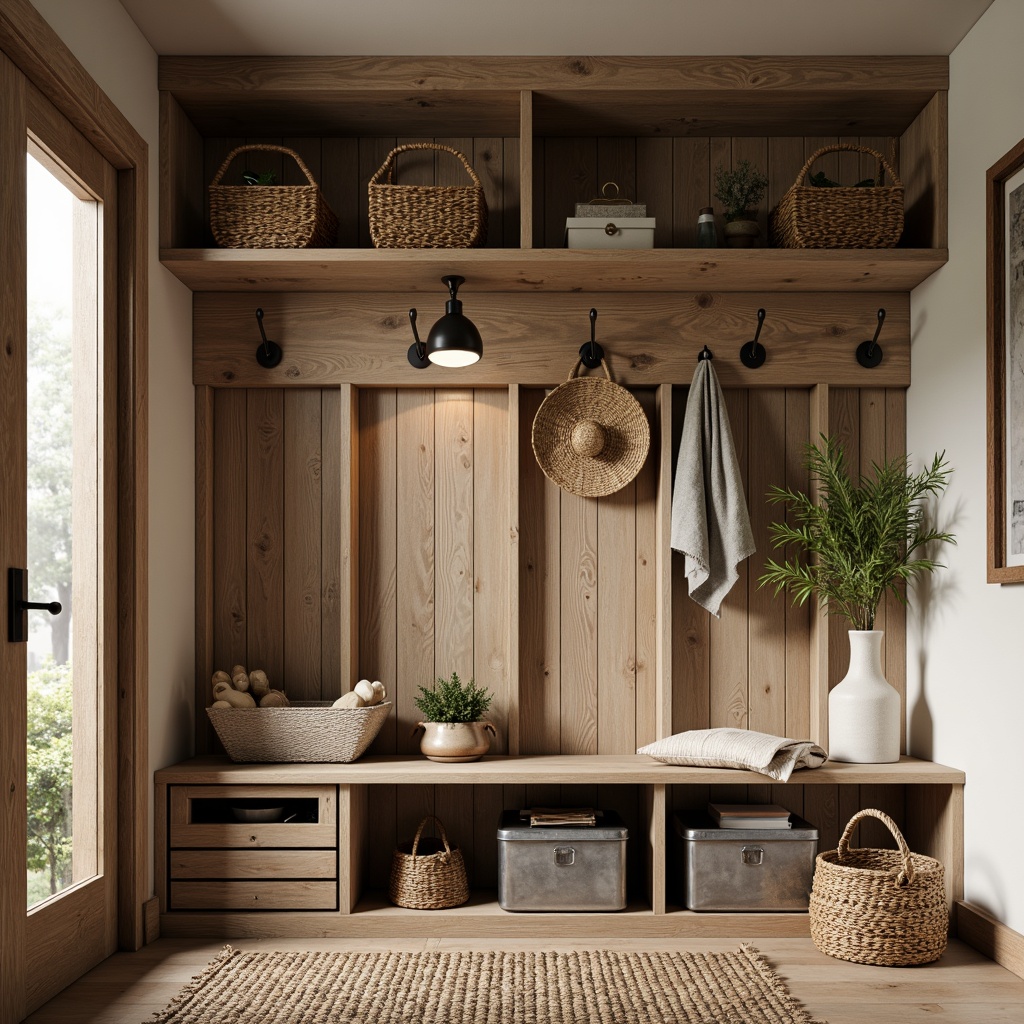 Prompt: Rustic mudroom, natural wood accents, earthy color palette, woven baskets, vintage metal hooks, reclaimed wood shelving, industrial-style storage bins, galvanized steel decorations, woven textiles, wooden crates, distressed finishes, warm ambient lighting, shallow depth of field, 1/2 composition, realistic textures, subtle ambient occlusion.