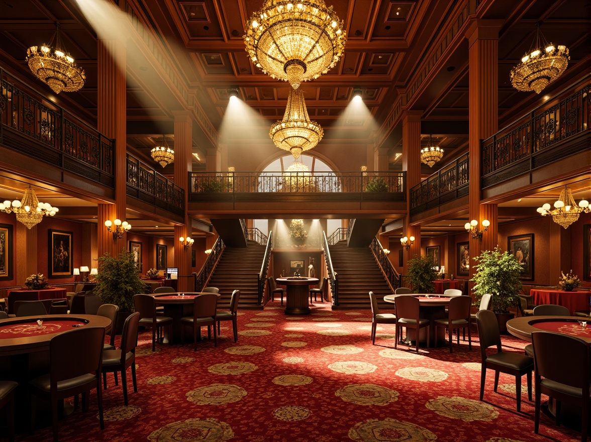 Prompt: Luxurious casino interior, rich velvet fabrics, ornate chandeliers, warm golden lighting, soft focused spotlights, dramatic high-contrast shadows, subtle color temperature changes, opulent furnishings, intricate wood carvings, grand staircases, lavish decor, sparkling crystal accents, sophisticated ambiance, 1/1 composition, low-key lighting, cinematic mood, realistic textures, ambient occlusion.