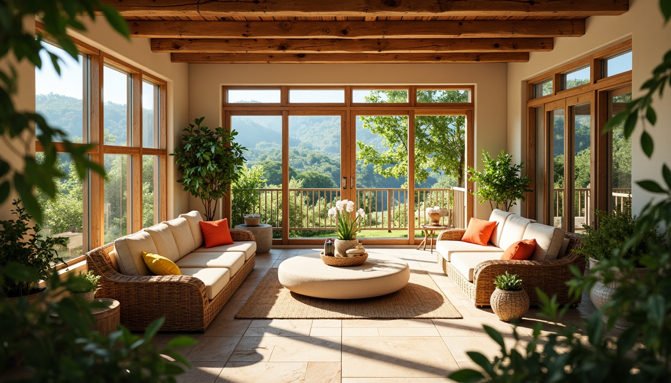 Prompt: Vibrant sunroom, warm natural light, bright airy atmosphere, lush greenery, wicker furniture, rattan accents, earthy tones, soothing beige walls, calming blue hues, sunny yellow accents, fresh citrus colors, bold coral shades, soft creamy textures, natural stone floors, wooden beam ceilings, panoramic views, sliding glass doors, modern minimalist decor, cozy plush cushions, warm ambient lighting, shallow depth of field.