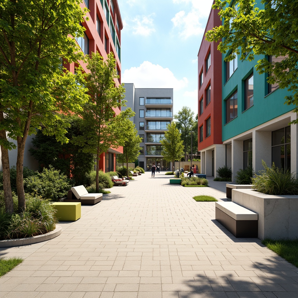 Prompt: Vibrant urban plaza, neutral beige pavement, calming greenery walls, modern street furniture, sleek metal benches, bold colorful accents, energetic LED lighting, sunny day, shallow depth of field, 3/4 composition, panoramic view, realistic textures, ambient occlusion.