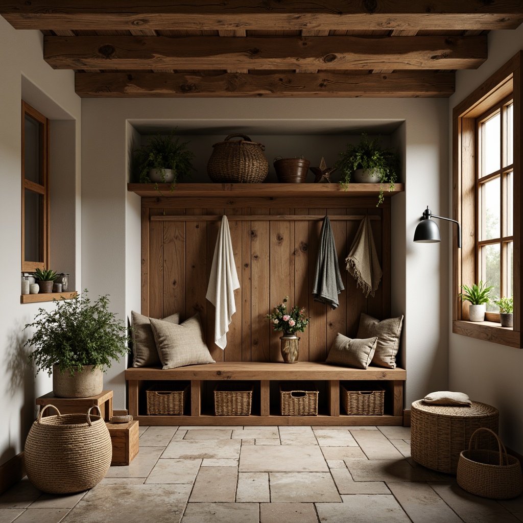 Prompt: Rustic mudroom, natural stone flooring, earthy tones, wooden accents, distressed wood furniture, woven baskets, vintage decor, cozy textiles, warm lighting, shallow depth of field, 1/1 composition, realistic textures, ambient occlusion.