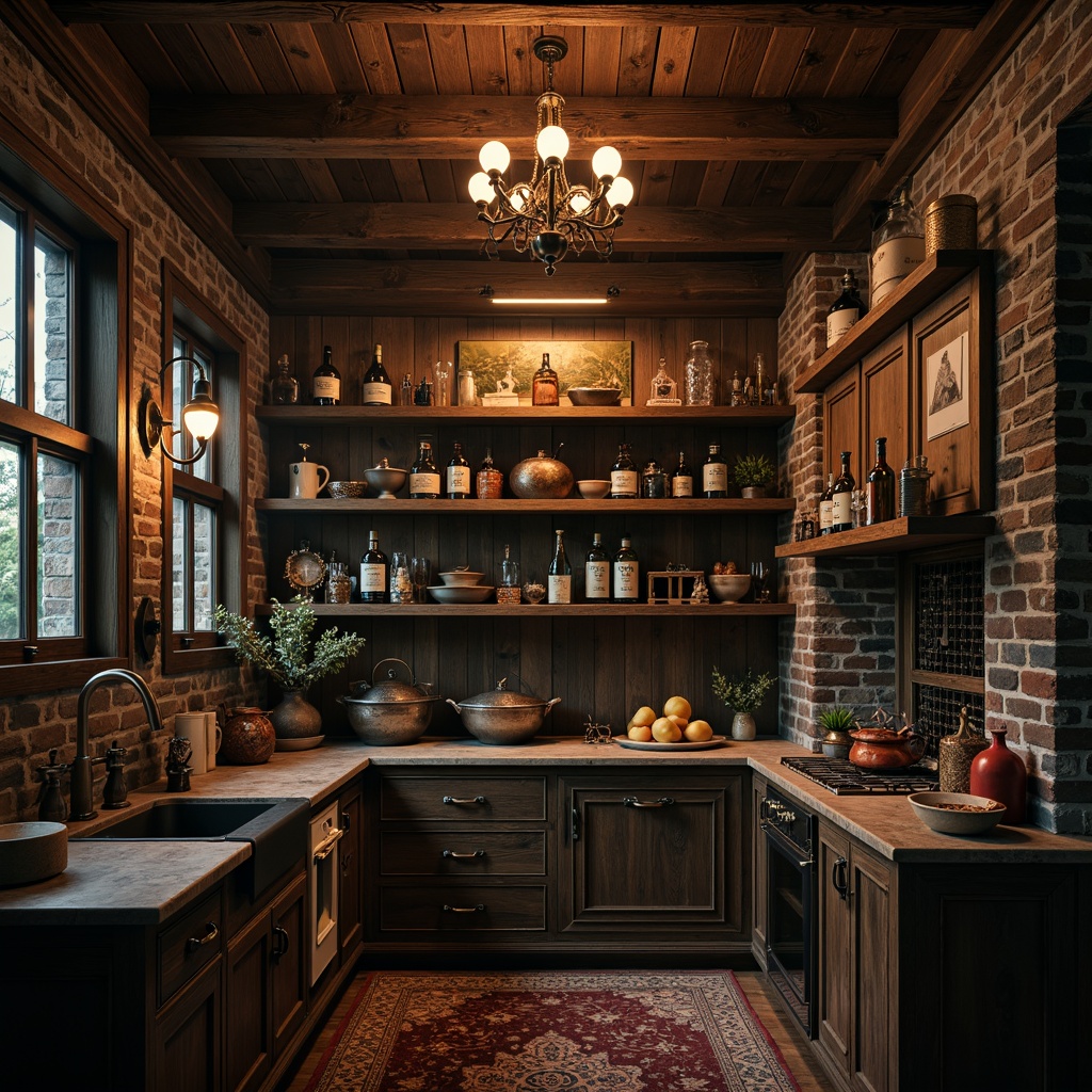 Prompt: Rustic pantry shelves, distressed wood cabinetry, ornate metal hardware, mysterious candlelight, rich velvet fabrics, intricate stone carvings, worn brick walls, grandiose chandeliers, lavish gold accents, dark wooden beams, eerie shadows, warm softbox lighting, 1/2 composition, atmospheric fog, mystical ambiance, high-contrast textures.