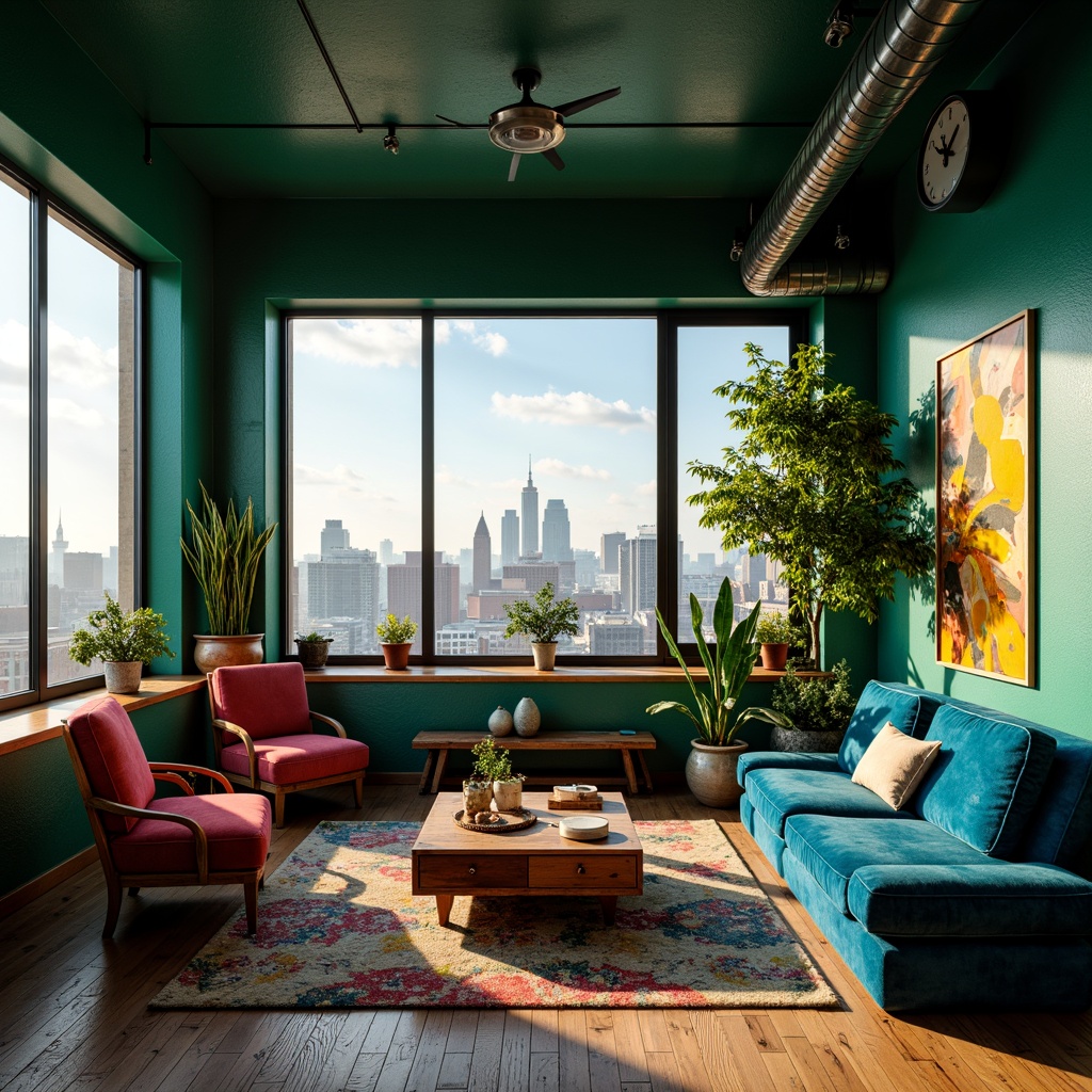 Prompt: Vibrant eclectic penthouse, bold color scheme, rich jewel tones, emerald green walls, navy blue accents, warm golden lighting, plush velvet furniture, metallic silver decorations, reclaimed wood floors, industrial chic pipes, abstract artwork, eclectic vintage decor, lush greenery, oversized windows, breathtaking city views, soft atmospheric haze, 1/1 composition, dramatic shadows, realistic textures.