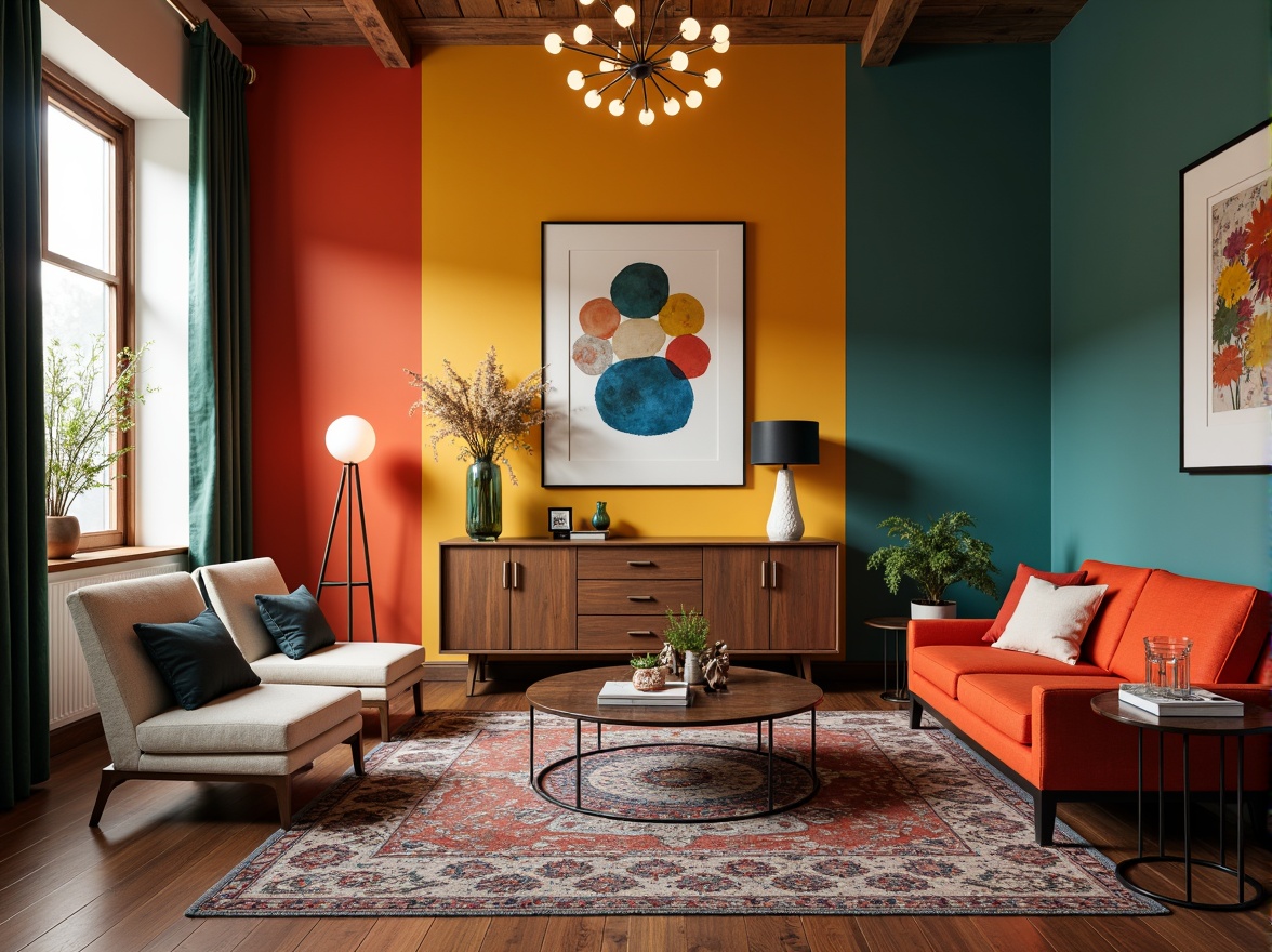 Prompt: Vibrant accent walls, bold color schemes, statement furniture pieces, patterned rugs, decorative vases, abstract artwork, modern lighting fixtures, sleek metal frames, elegant glass tables, sophisticated wood accents, luxurious fabrics, rich textures, warm ambient lighting, shallow depth of field, 1/1 composition, realistic reflections, detailed normal maps.