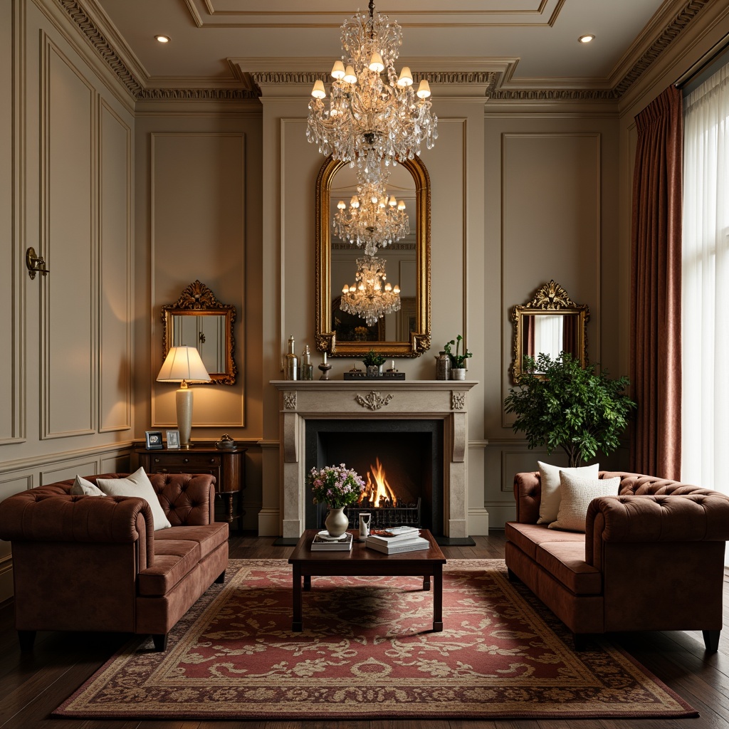 Prompt: Elegant living room, classic Chesterfield sofas, velvet armchairs, dark wood coffee tables, ornate mirrors, crystal chandeliers, rich brown leather accents, luxurious silk fabrics, subtle gold trim, neutral beige walls, soft warm lighting, 1/2 composition, shallow depth of field, realistic textures, ambient occlusion.