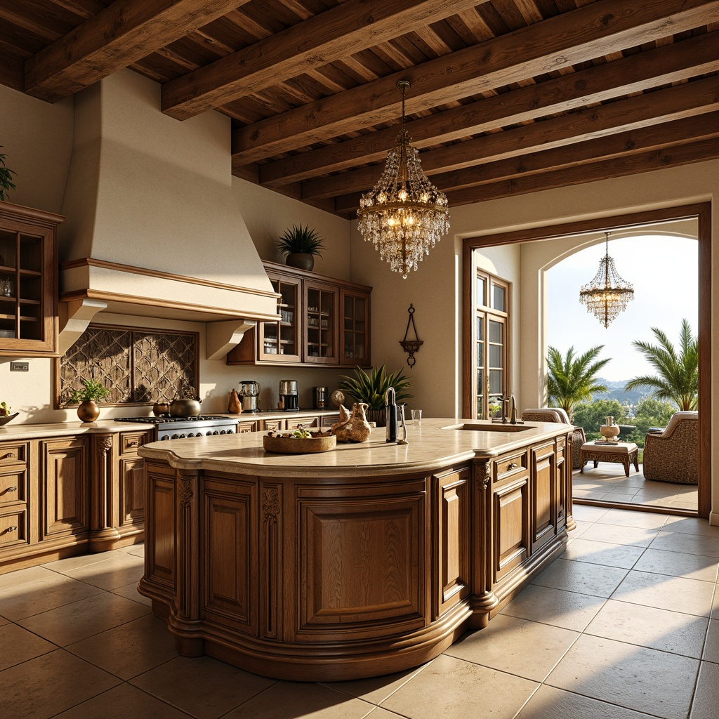 Prompt: Elegant kitchen island, ornate cabinetry, warm beige marble countertops, rustic wooden beams, crystal chandeliers, bronze pendant lights, soft warm ambient lighting, subtle LED strips, decorative metalwork, distressed finishes, vintage appliances, earthy color palette, Tuscan-inspired decor, natural stone flooring, arched doorways, large windows, sheer curtains, afternoon sunlight, shallow depth of field, 1/2 composition, realistic textures, ambient occlusion.