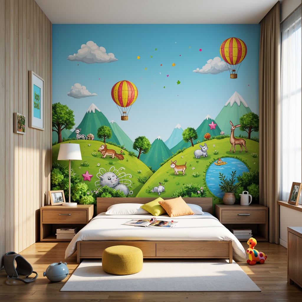 Prompt: Vibrant children's bedroom, playful wall mural, whimsical forest landscape, cartoon-style animals, bright blue sky, fluffy white clouds, colorful hot air balloons, confetti-inspired polka dots, textured brushstroke effects, 3D-like illustrations, glossy finish, LED backlighting, shallow depth of field, 1/1 composition, soft warm lighting, cozy reading nook, plush toys, wooden furniture, pastel-colored walls, creative typography.