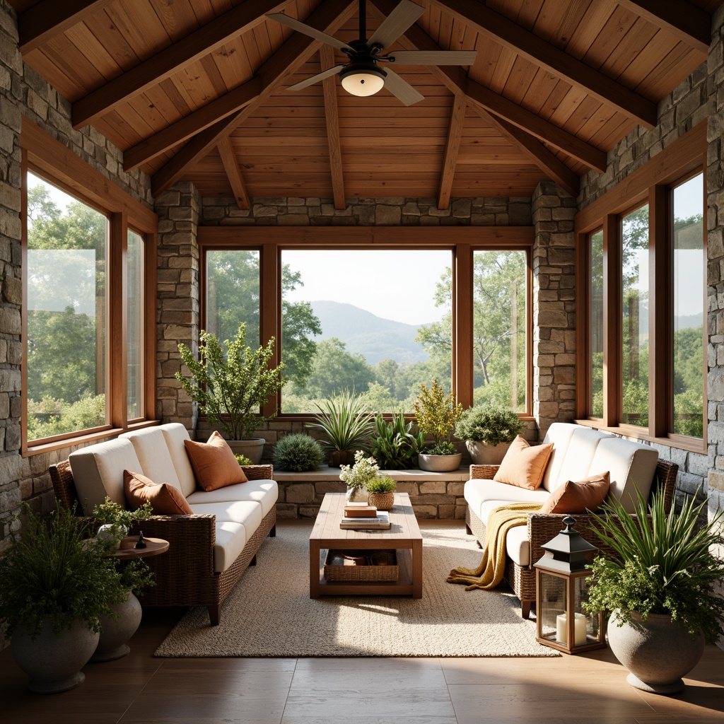 Prompt: Warm and inviting sunroom, Craftsman style, wooden beam ceiling, natural stone walls, earthy tone color palette, sage green, sandy beige, weathered wood, rich brown, soft cream, warm terracotta, plush furniture, vintage decorative accents, rustic metal lanterns, lush greenery, blooming flowers, soft diffused light, cozy reading nook, comfortable seating area, natural textiles, woven baskets, ceramic vases, warm ambient lighting, shallow depth of field, 3/4 composition, realistic textures.