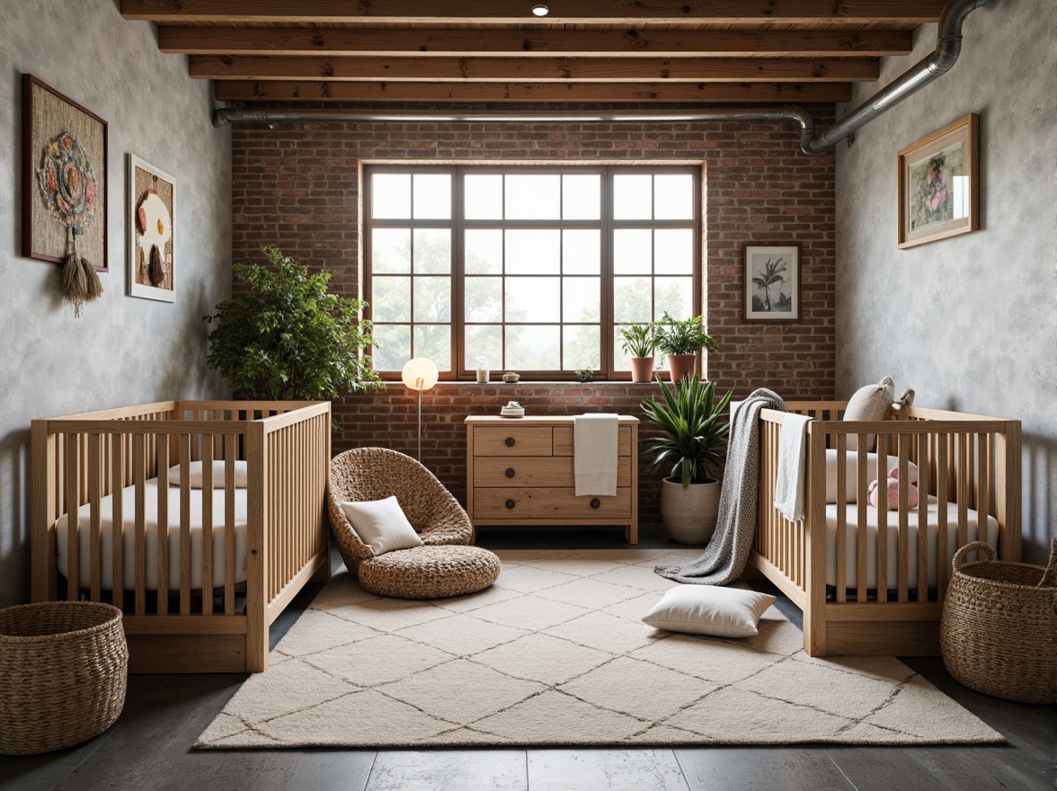 Prompt: Industrial baby room, distressed wooden cribs, metal frames, vintage machinery parts, exposed brick walls, concrete floors, reclaimed wood accents, soft plush toys, gentle pastel colors, woven baskets, natural fibers, organic cotton fabrics, subtle geometric patterns, cozy throw blankets, warm neutral lighting, shallow depth of field, 1/2 composition, intimate close-up shots, realistic textures, ambient occlusion.