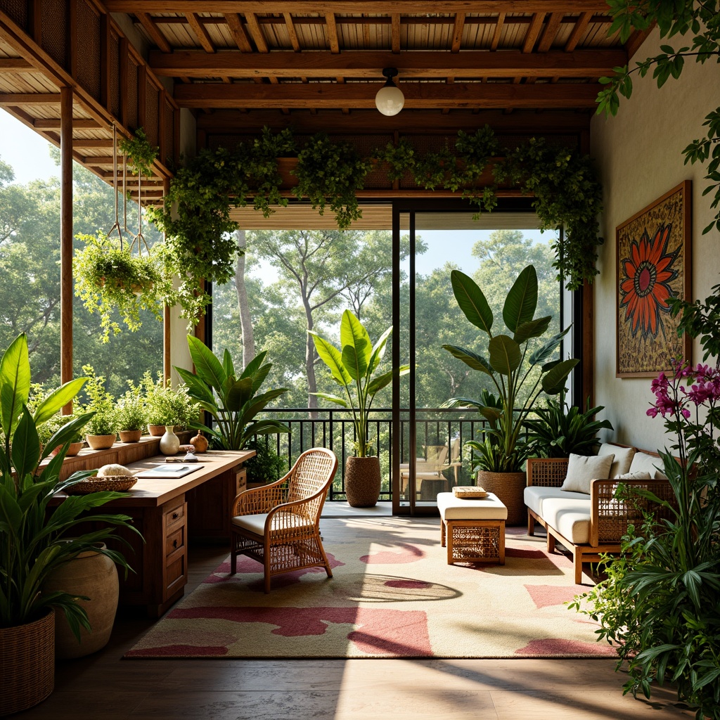 Prompt: Tropical home office, lush greenery, exotic plants, rattan furniture, natural wood accents, woven bamboo walls, vibrant flower arrangements, colorful textiles, warm sunny lighting, shallow depth of field, 3/4 composition, panoramic view, realistic plant textures, ambient occlusion, leafy ferns, flowering orchids, sprawling vines, rustic wooden desks, comfortable ergonomic chairs, modern tropical architecture, sliding glass doors, breezy balcony views.