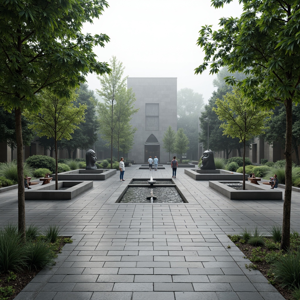 Prompt: Solemn memorial center, open courtyard, natural stone flooring, lush greenery, tranquil water features, serene walking paths, peaceful benches, commemorative plaques, historic sculptures, solemn monuments, subtle lighting, misty atmosphere, shallow depth of field, 1/1 composition, panoramic view, realistic textures, ambient occlusion.